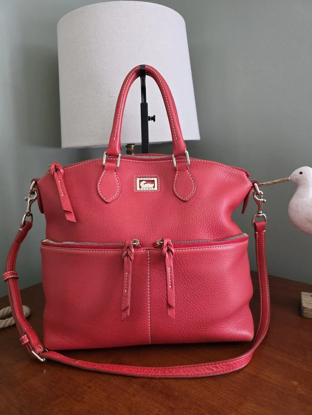 Dooney & Bourke Dillen Double Pocket Leather Satchel Bag Coral Red